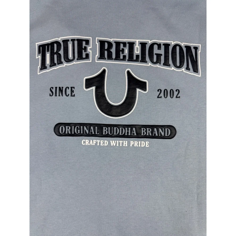 True Religion Mens Dusty Blue Full Zip Hoodie Horseshoe Buddha Logo NWT